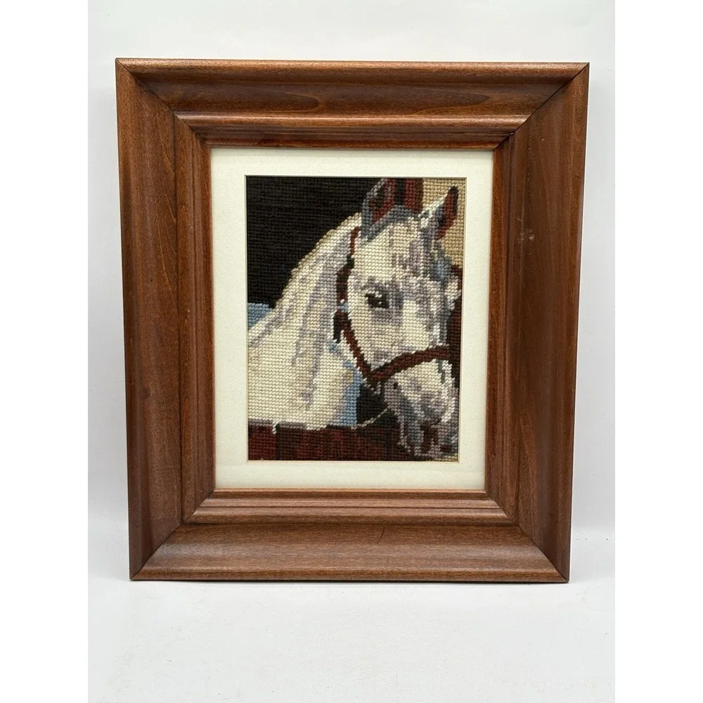 Vtg Framed And Completed Needlepoint White Horse Head Wall Art Western 14